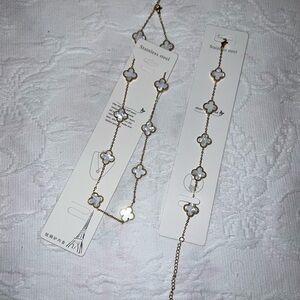 Gold and White pearl Stainless Steel clover Flower Necklace & bracelet set